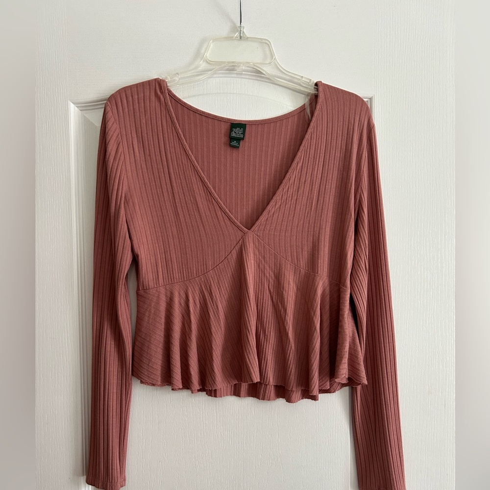 wild fable Ribbed V-Neck Peplum Long Sleeve Top - Mauve Rose